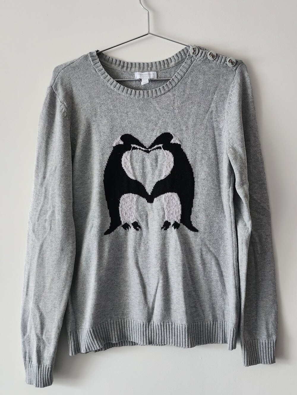 Charter Club Petite Penguin Heart Sweater PL Gray Shoulder Button Cable Accent
